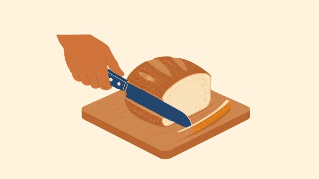 Masa üzerindeki ekmek kabuğu kesmek, seramik kâse ve bezin temsili düz renkli illüstrasyonu.