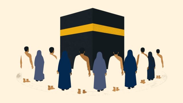 Haccetmek eylemini gösteren anonim kişinin temsili düz renkli illüstrasyonu.
