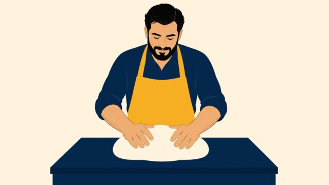 Hamurcu odağındaki sade sahnenin temsili düz renkli illüstrasyonu.