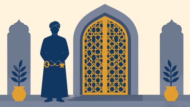 Harem ağası odağındaki sade sahnenin temsili düz renkli illüstrasyonu.