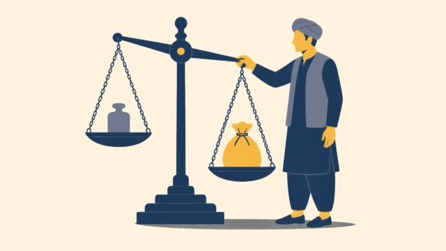 Kantarcı odağındaki sade sahnenin temsili düz renkli illüstrasyonu.