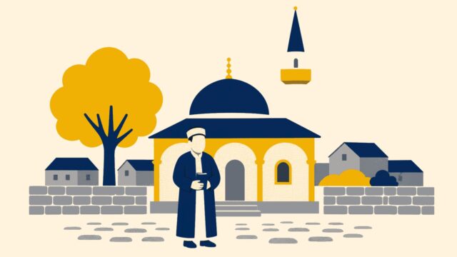 Köy imamı, açık giriş ve kısa yolun temsili düz renkli illüstrasyonu.