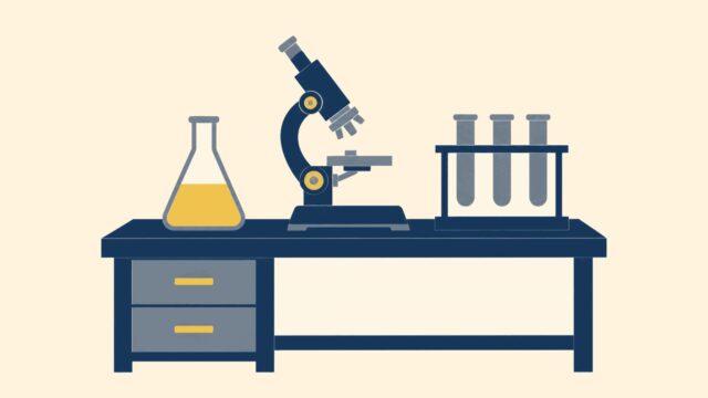 Laboratuar odağındaki sade sahnenin temsili düz renkli illüstrasyonu.