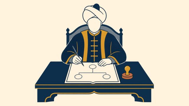 Nakib-ul eşraf odağındaki sade sahnenin temsili düz renkli illüstrasyonu.