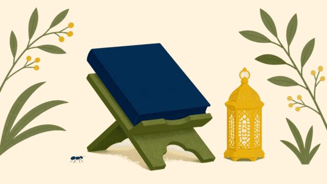 Yazısız kapalı kitap, ahşap rahle ve kandilin temsili düz renkli illüstrasyonu.