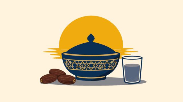 Orucu odağındaki sade sahnenin temsili düz renkli illüstrasyonu.