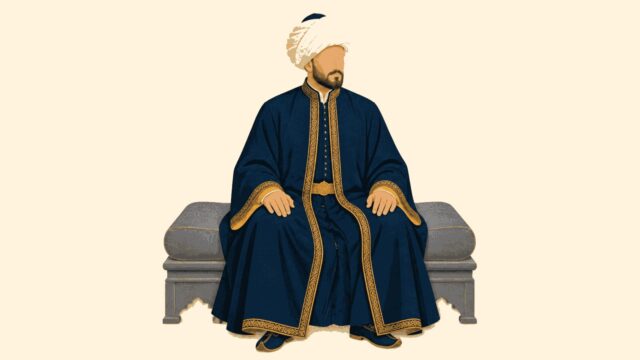 Padişah odağındaki sade sahnenin temsili düz renkli illüstrasyonu.