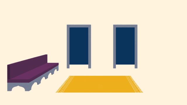 Sofa odağındaki sade sahnenin temsili düz renkli illüstrasyonu.