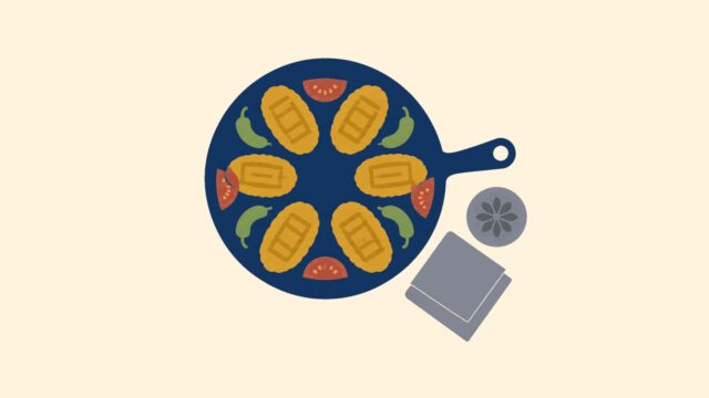 Masa üzerindeki tava kebap, seramik kâse ve bezin temsili düz renkli illüstrasyonu.