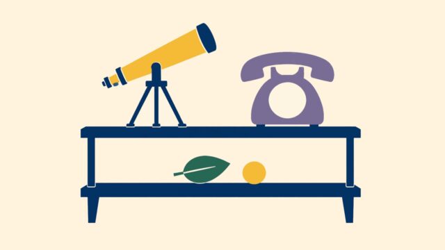 Teleskop, telefon, yaprak ve küçük dairesel vurgunun temsili düz renkli illüstrasyonu.