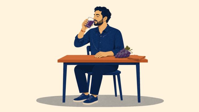 Masa üzerindeki üzüm şerbeti içmek, seramik kâse ve bezin temsili düz renkli illüstrasyonu.