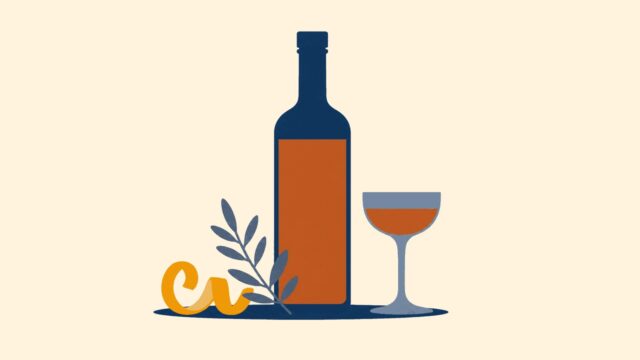 Vermut odağındaki sade sahnenin temsili düz renkli illüstrasyonu.