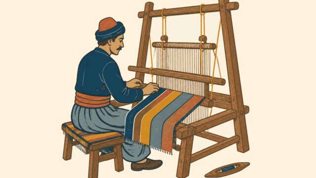 Çulha odağındaki sade sahnenin temsili düz renkli illüstrasyonu.