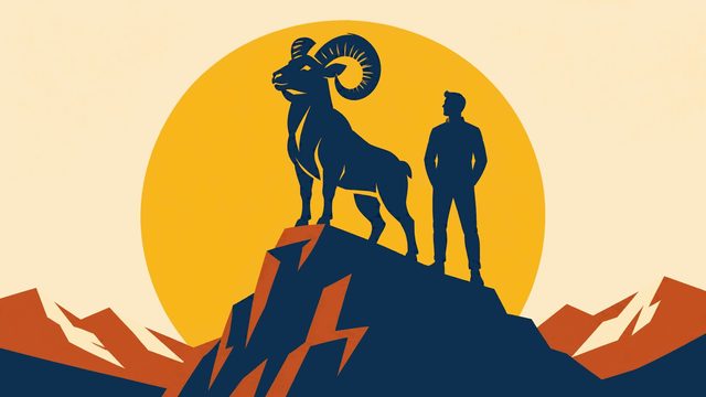 Koç burcu ve erkek konusunu anlatan düz renkli editoryal illüstrasyon.